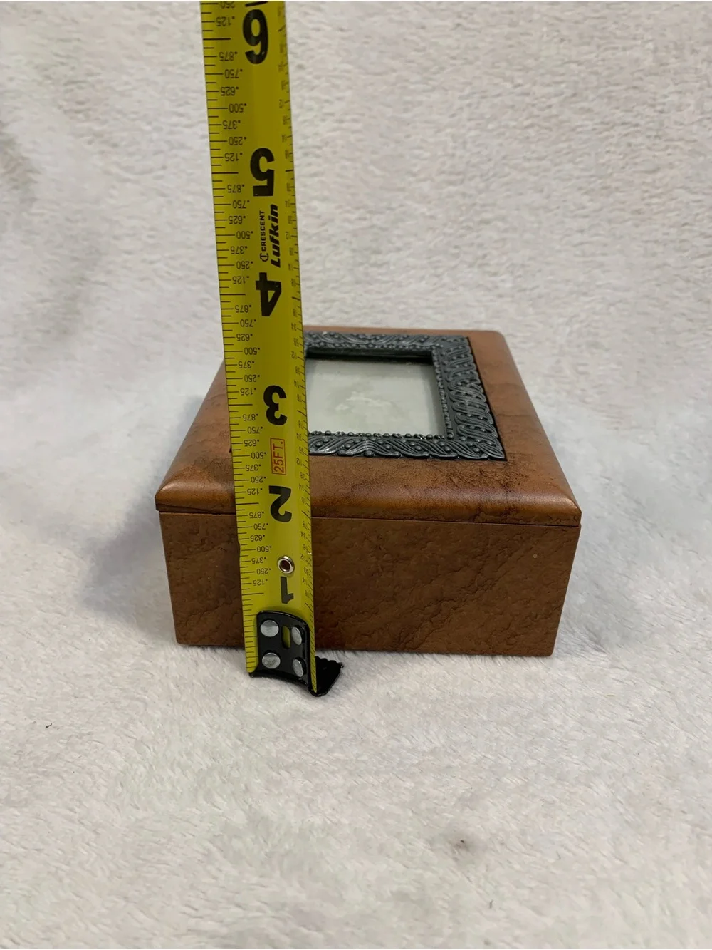 Leather-Style Brown Wood Decorative Trinket Box with Pewter Frame Velvet Lined